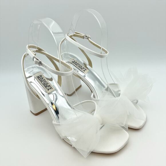 Badgley Mischka Tess Heeded Sandals US 8.5M EU 39 White Tulle Bow Bride NIB - Picture 3 of 12
